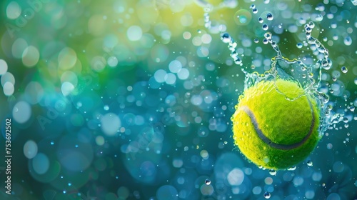 Tennis Ball Splash, A tennis ball captured at the moment of making a splash, with water droplets suspended around it, set against a bokeh light backdrop. © auc