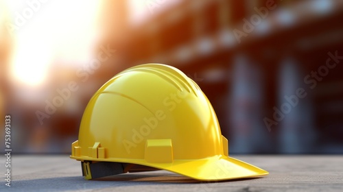 Yellow hard hat on the in the construction site background.