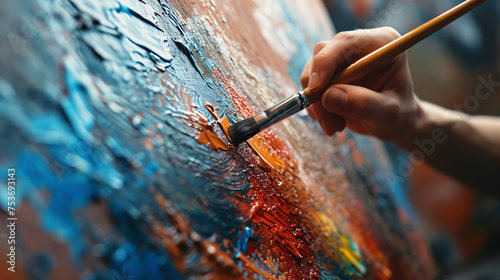 close-up of an artist's hand using a brush to paint a picture with oil paints