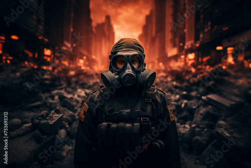 Strategies to combat global terrorism. Man wearing protective costume and gas mask is standing in a destroyed city under red sun light