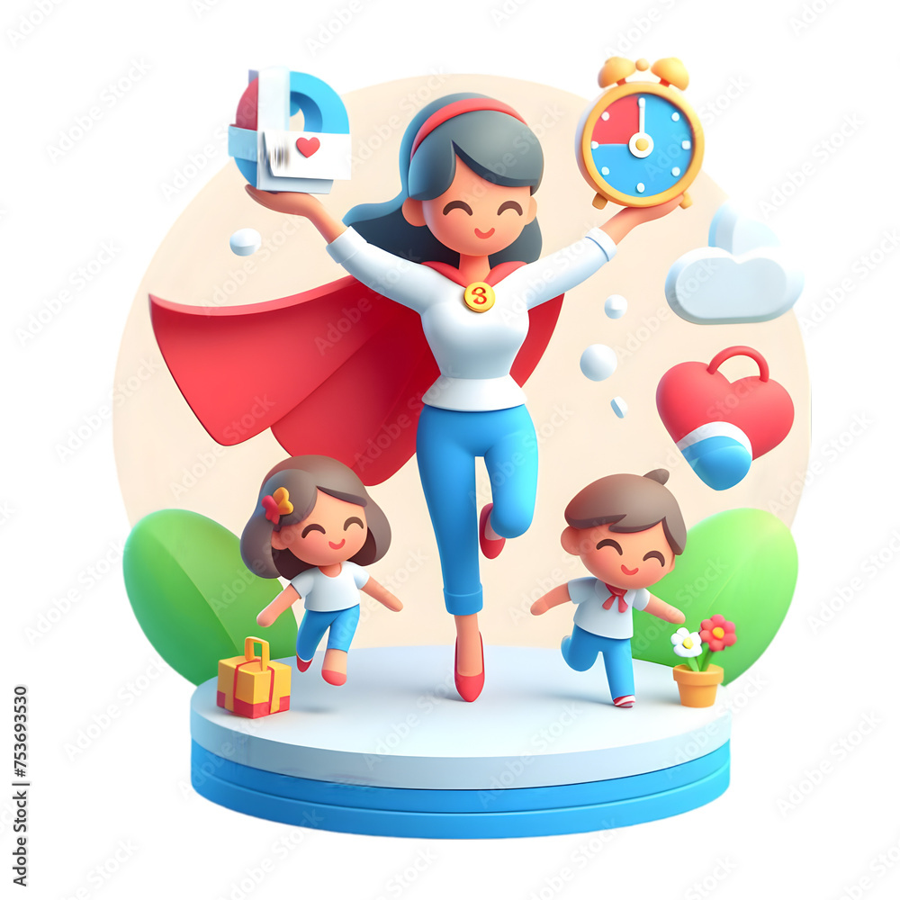 A 3d flat icon of mother day concept.Mom's Superpowers Balancing Work and Family with Grace, isolated white background,cartoon cute style A 3d flat icon of mother day concept.Mom's Superpowers Balancing Work and Family with Grace, isolated white background,cartoon cute style
