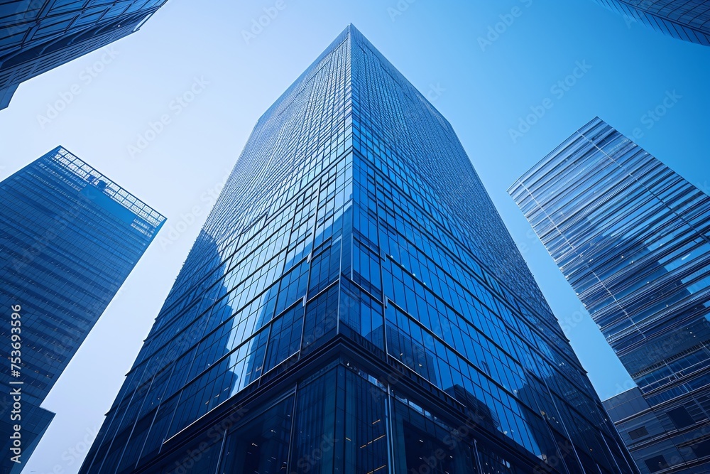 The blue glass office tower rises elegantly above the surrounding buildings