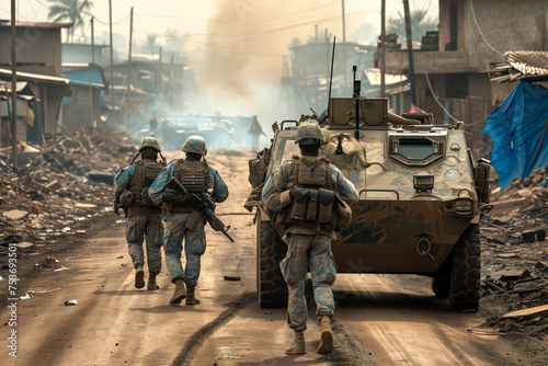 The work of international peacekeeping missions. A squad of military personnel is marching alongside a tank on a dirt road, passing by buildings and leaving behind a trail of pollution