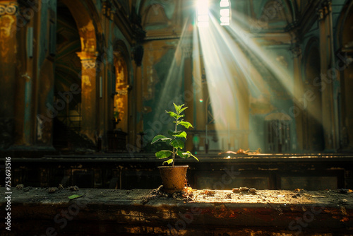 Amidst the solemn quiet of an abandoned church a beam of sunlight nourishes a small plant growing on the altar spiritual rebirth mirrored in nature