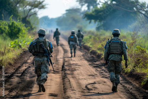 The work of international peacekeeping missions. A group of soldiers in military camouflage is marching through a lush forest, surrounded by natural landscape and tall trees under a blue sky