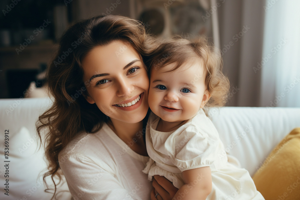 AI generated photo of happy loving mum caring of her sleeping newborn baby at home indoors AI generated photo of happy loving mum caring of her sleeping newborn baby at home indoors