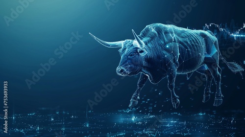 A bull made of rising stock charts set against a deep blue background symbolizing the power of positive market trends