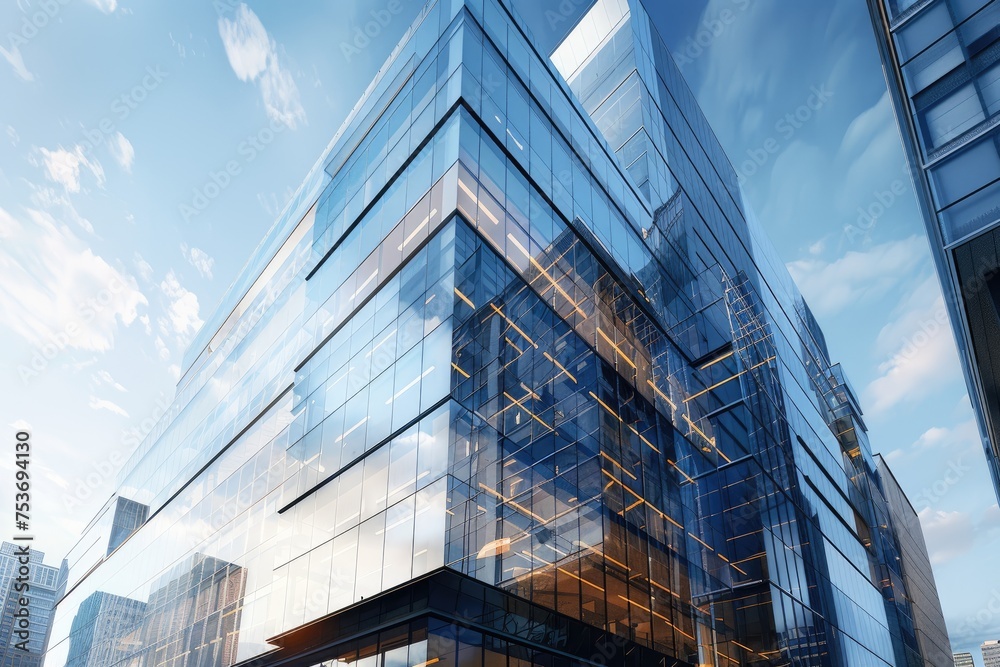 Fototapeta premium A tall building with a lot of windows and a clear blue sky in the background