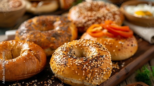 Freshly baked bagels with assorted toppings on a platter