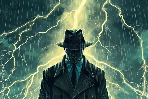 A detective solving a mystery during a thunderstorm clues hidden by lightning in a noir inspired art style