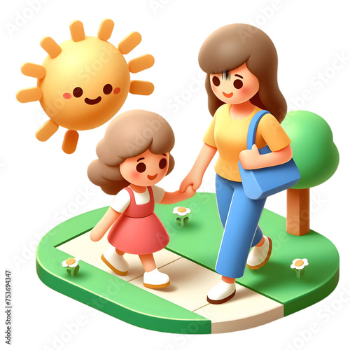 A 3d flat icon of mother day concept.Sunny Strolls Walking Hand in Hand with Mom in the Park, isolated white background,cartoon cute style