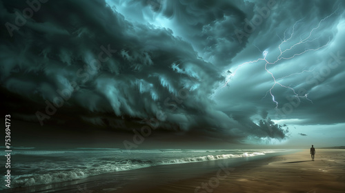 A lone figure stands on a beach as a massive storm approaches