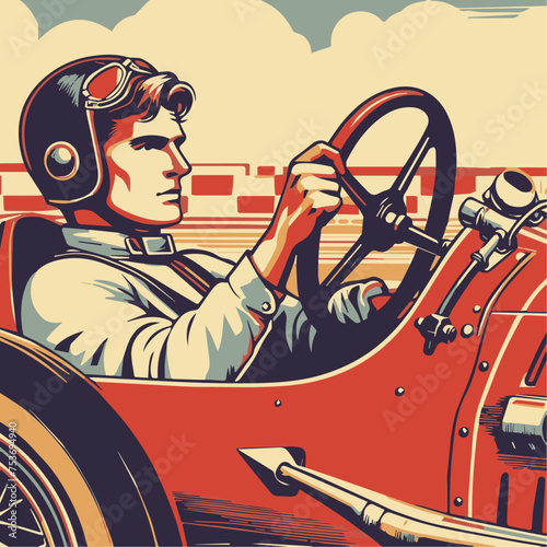 Vintage Racing Car Vector Graphic Design Man Driving Classic Motor Race Automobile