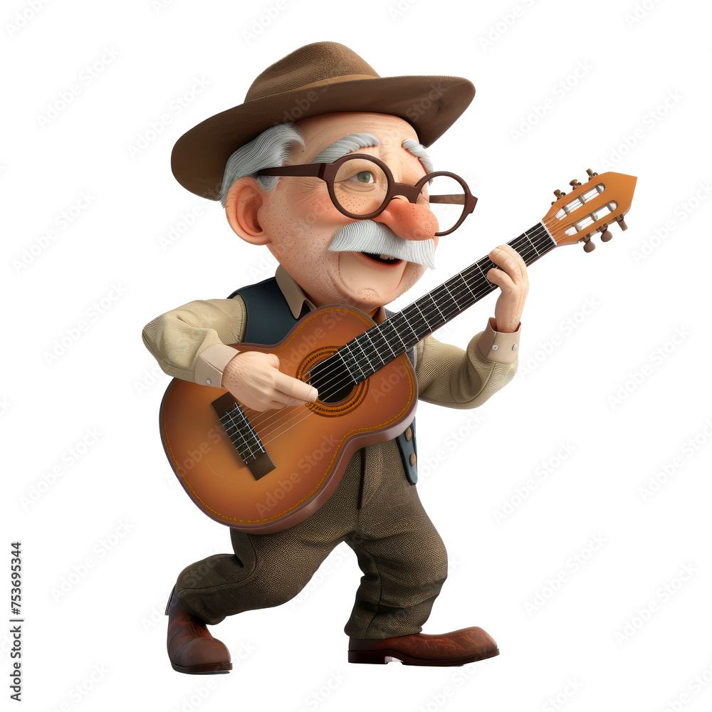 3D minimalistic style.Elderly musician with strumming a guitar and fedora hat 3D minimalistic style.Elderly musician with strumming a guitar and fedora hat