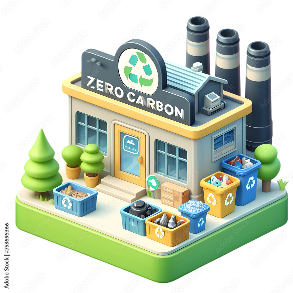 A 3d flat icon of zero carbon concept.A zero waste recycling center with sorting bins for different materials., isolated white background,cartoon cute style A 3d flat icon of zero carbon concept.A zero waste recycling center with sorting bins for different materials., isolated white background,cartoon cute style