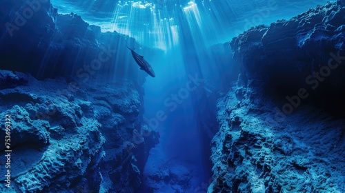 The serene beauty of a whale in the underwater world with sunbeams penetrating the clear water - AI Generated Digital Art