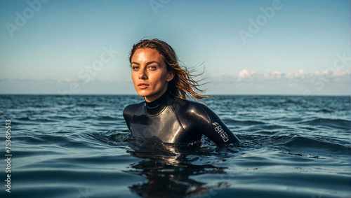 fit beautiful woman wearing a wetsuit going for a swim in the ocean © The A.I Studio