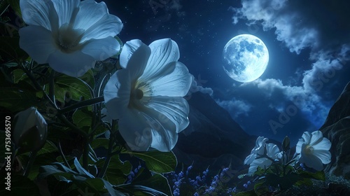 A hidden valley where moonflowers bloom only under the full moon their petals glowing softly attracting mystical creatures of the night