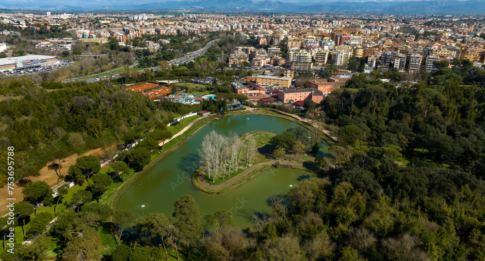 Aerial view of Villa Ada, a large public park in Rome, Italy. This large green area with a small lake is located in the northern area of the city, between the Parioli, Pinciano and Salario district.