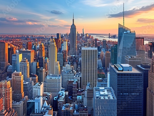 A panoramic view of a bustling city skyline  with towering skyscrapers  busy streets