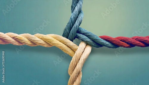 A tightly twisted rope with strands in vibrant colors against a pale turquoise background.