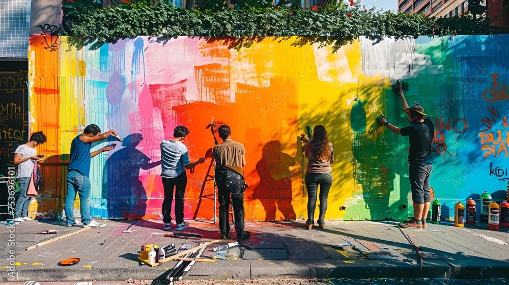 Fototapeta premium Street artist painting a vivid mural, shadows cast by onlookers, highlighting the interplay of art and social observation