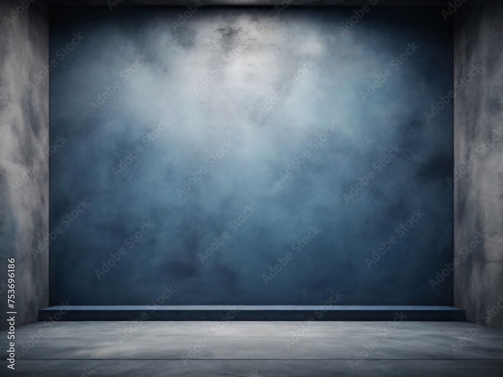 Empty dark blue abstract cement wall and studio room with smoke float up the interior texture for display products wall background.