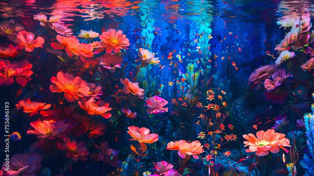 A mermaids garden of underwater flowers glowing with bioluminescence in a spectrum of hues drawing in curious sea creatures