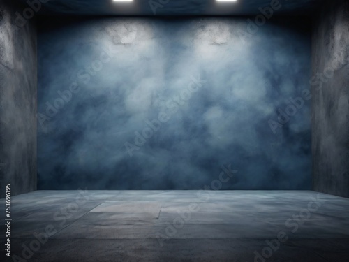 Empty dark blue abstract cement wall and studio room with smoke float up the interior texture for display products wall background.