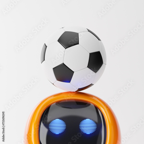 Fototapeta Naklejka Na Ścianę i Meble -  Cute robot looking up with football on head isolated over white background. Technology concept. 3d rendering.