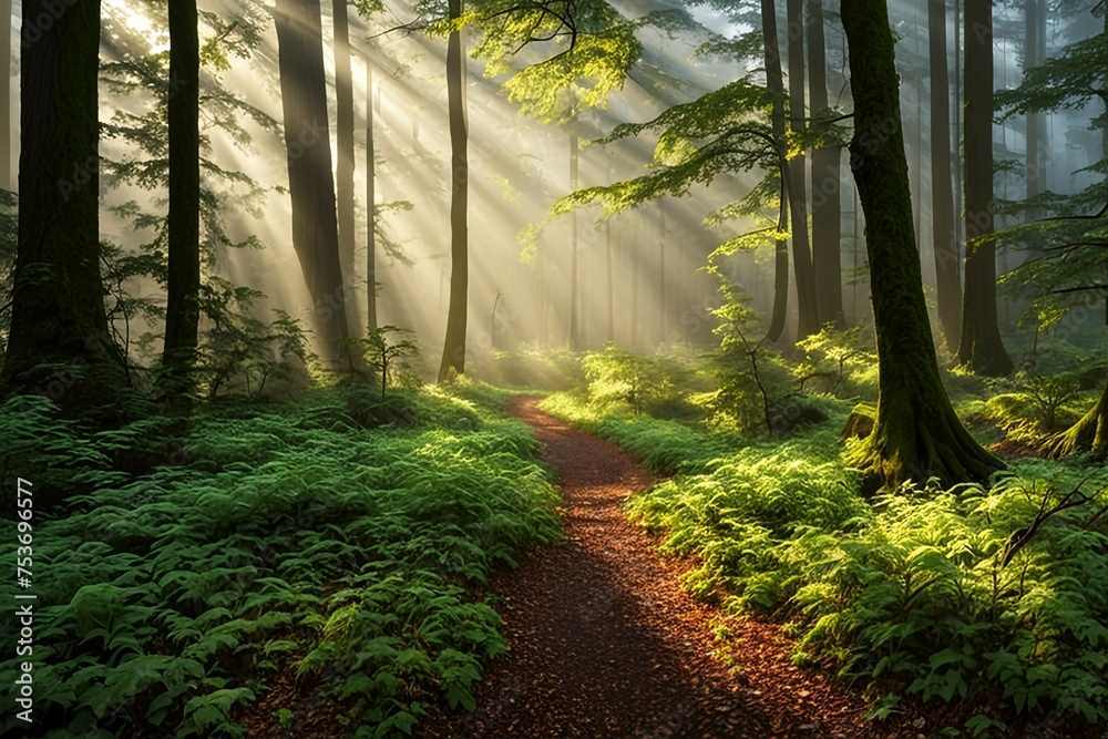 Obraz premium An atmospheric scene of a misty forest bathed in soft morning light, with towering trees shrouded in fog and vibrant foliage carpeting the forest floor, evoking a sense of mystery and wonder.