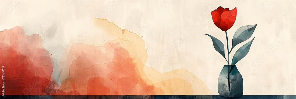 Red tulip in a dark vase against a multi-textured watercolor background. Artistic floral illustration with a modern twist for home decor and creative design. Panoramic composition with vibrant contras - obrazy, fototapety, plakaty 