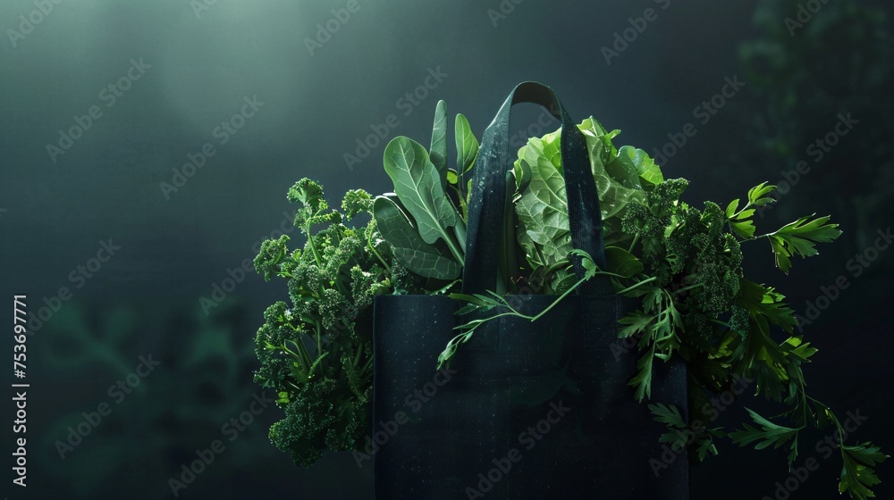 A sturdy shopping bag with leafy greens against a mysterious dark background illustrated in the dramatic and detailed style of Baroque emphasizing the drama of nutrition - obrazy, fototapety, plakaty 