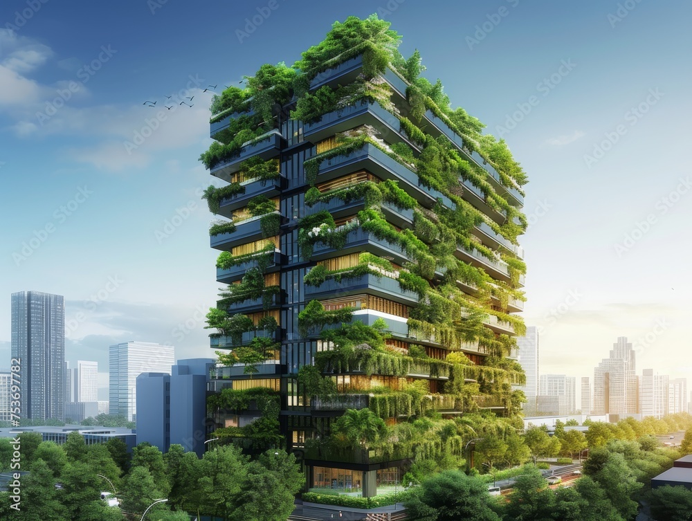 An office building adorned with lush vertical gardens cascading down its exterior