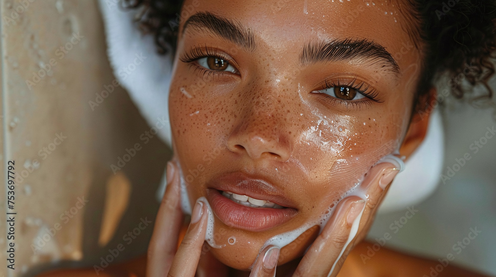 Naklejka premium young brown skin woman cleansing her skin, skincare routine concept, fresh skin, clean, beauty