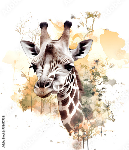 Illustration with giraffe head. Stylized giraffe portrait.
