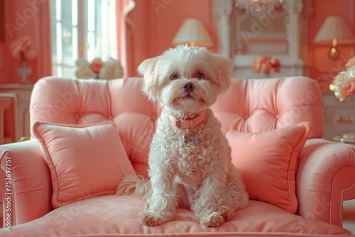Cute little dog sitting on a sofa  in a pink room 