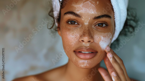 young brown skin woman cleansing her skin, skincare routine concept, fresh skin, clean, beauty