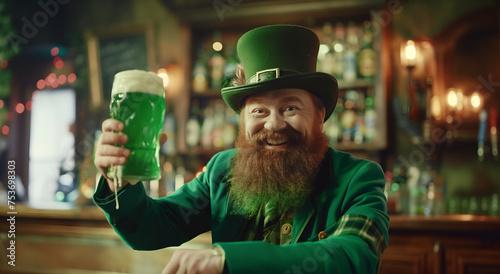 Saint Patrick´s smiley Leprechaun drinking green beer. 
