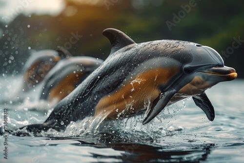 A dynamic group of dolphins joyfully leaping above the water surface, showcasing the playful spirit of marine life © Vilaysack