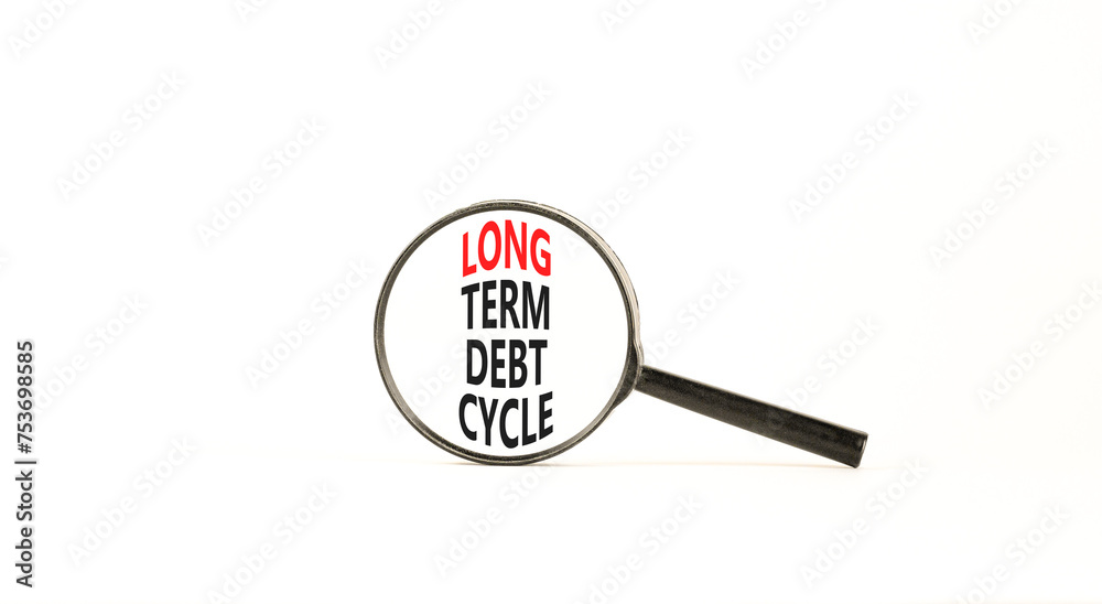 Long term debt cycle symbol. Concept words Long term debt cycle on beautiful magnifying glass. Beautiful white table white background. Business Long term debt cycle concept. Copy space. Long term debt cycle symbol. Concept words Long term debt cycle on beautiful magnifying glass. Beautiful white table white background. Business Long term debt cycle concept. Copy space.