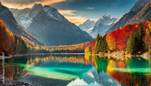 Beautiful landscape with lake and mountains and colorful forest trees.