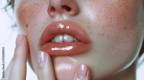 close up of woman applying lip gloss photo