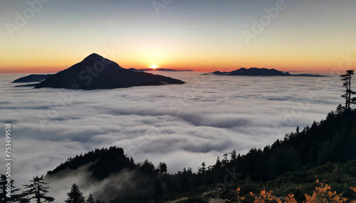 Bright sunset in the mountains with sea clouds 
