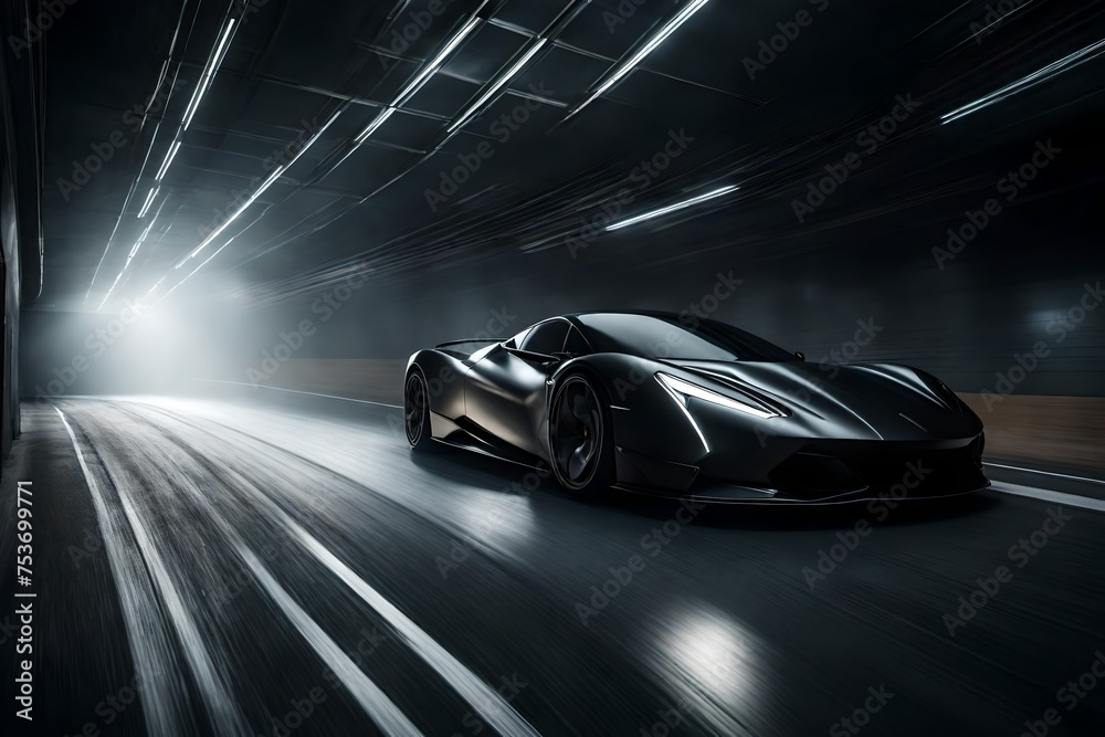 A matte black supercar speeding through a tunnel, with streaks of light trailing behind it.