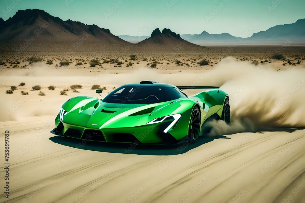 An electric green hypercar gliding through a desert landscape, leaving a trail of dust behind as it conquers the open terrain.