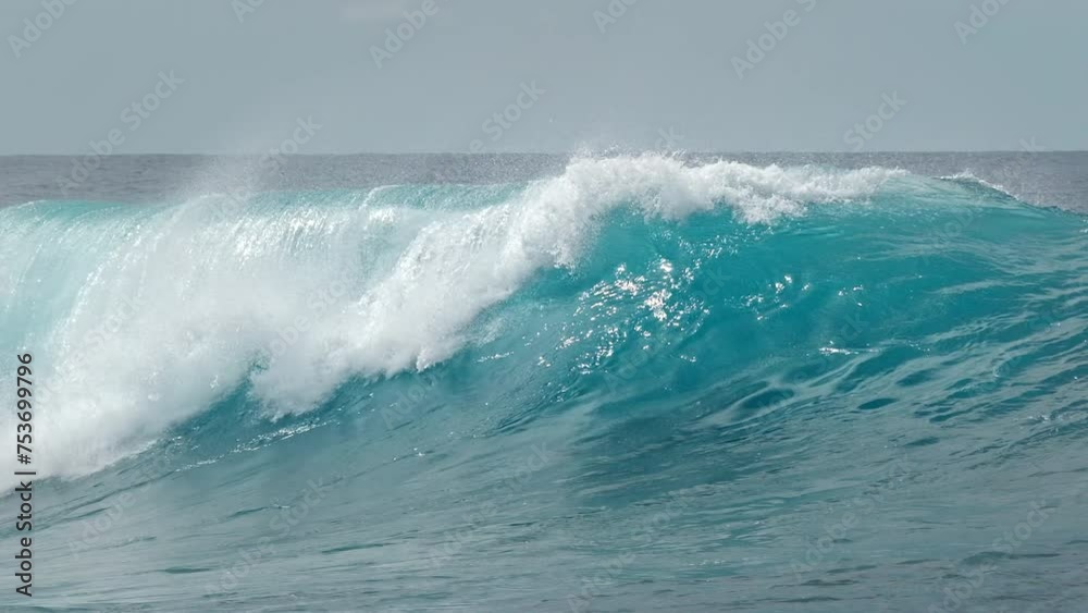 Perfect blue ocean wave breaks on the shore in the Maldives. Honeymoon surfing spot near the island of Himmafushi