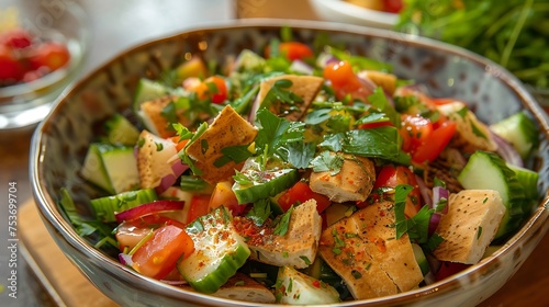 fattoush salad with crispy pita bread, vegetables, and herbs