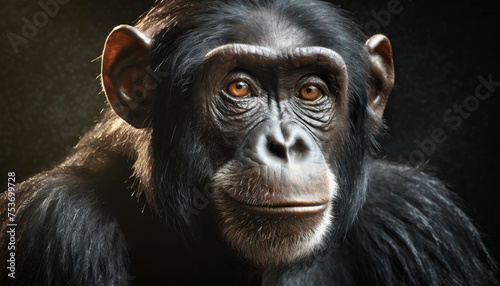 Close up chimpanzees portrait on dark background.   © Karo