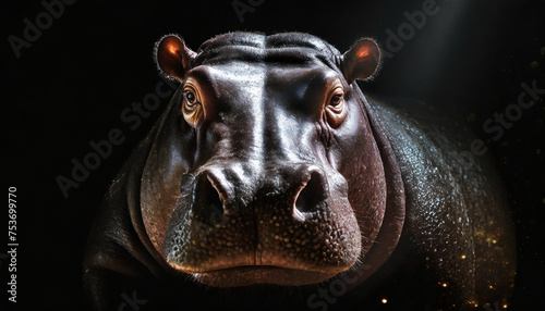 Close up portrait of hippopotamus in water.